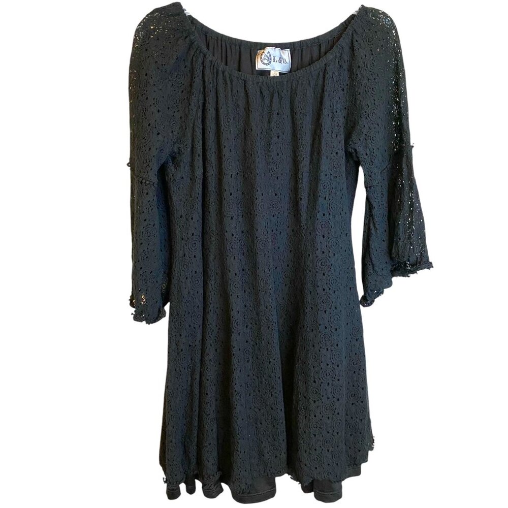 L&B Black Eyelet Rayon Trapeze Dress with Elasticized Shoulder Size L/XL Witchy